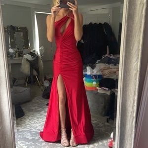 Red one shoulder prom dress
